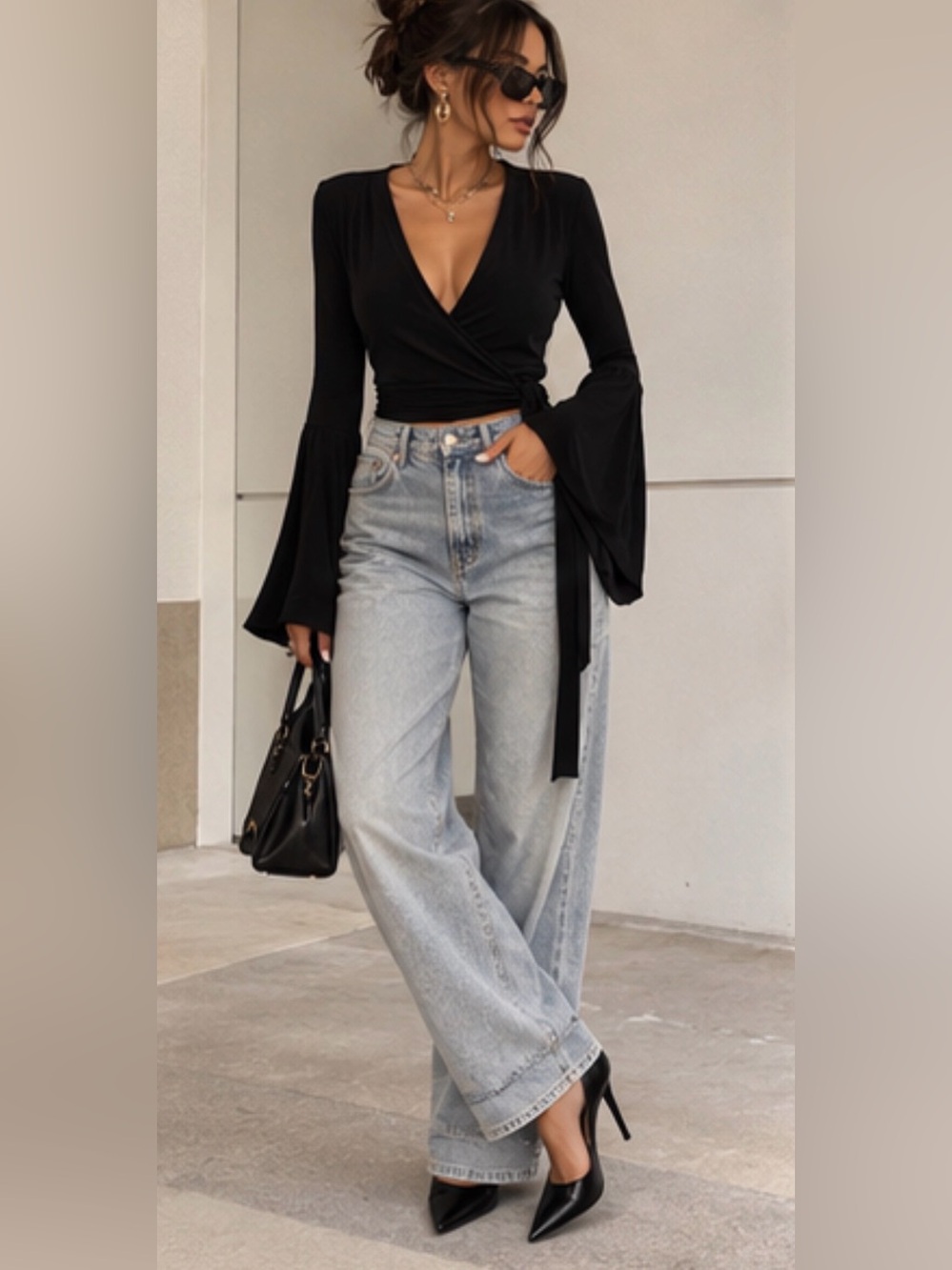 Black Long-Sleeve Wrap Top with Flared Cuffs